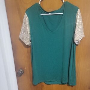 Womens V Neck T Shirt With Sparkly Sleeves